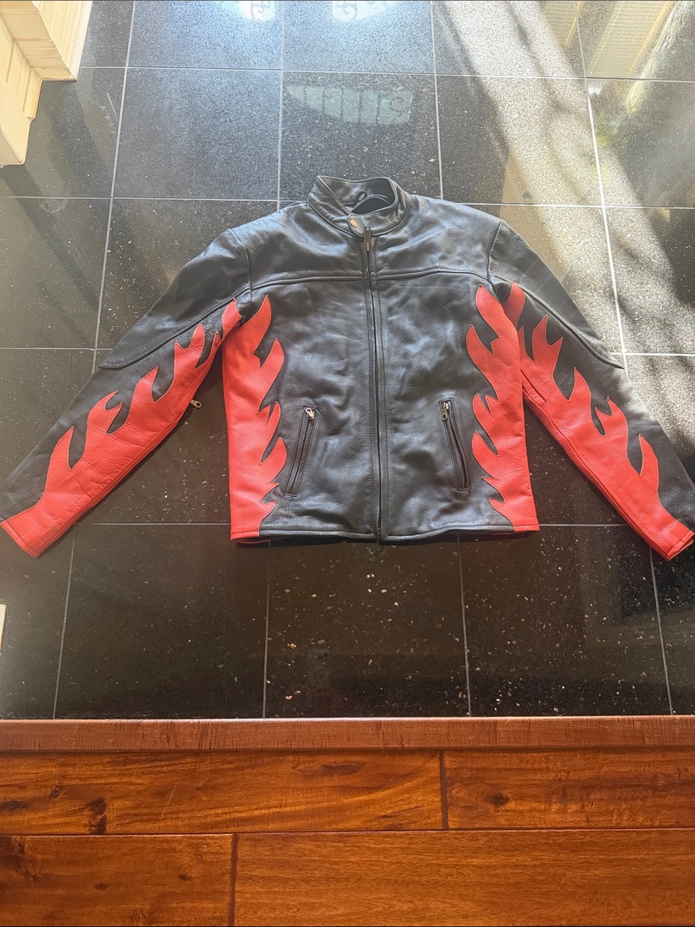 Black Leather Jacket with Red Flame Panels - Biker Style -no tags -PTP 21 - 26 L